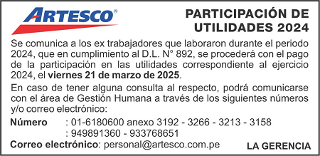 Muestra de Aviso de Utilidades a medida 2x2 publicado para ARTESCO en El Popular
