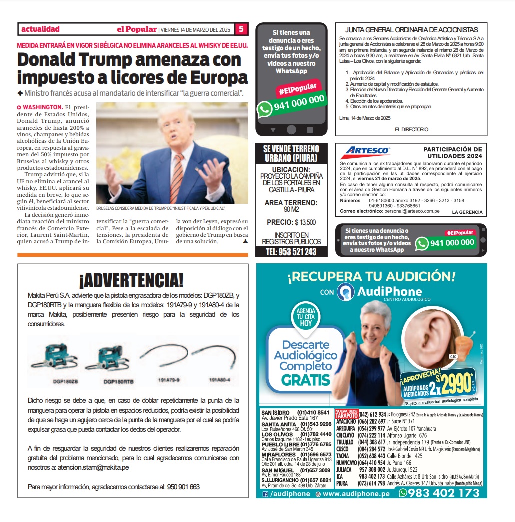 Aviso de Utilidades a medida publicado para ARTESCO en El Popular