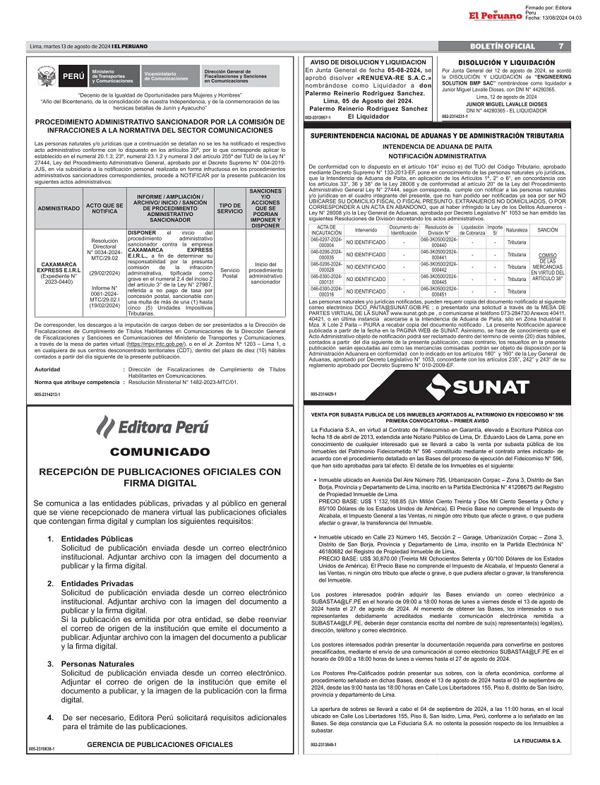 Muestras de Avisos Legales de Liquidacion en Boletin Oficial del diario El Peruano Muestra de Avisos Legales de Liquidacion en Boletin Oficial del diario El Peruano