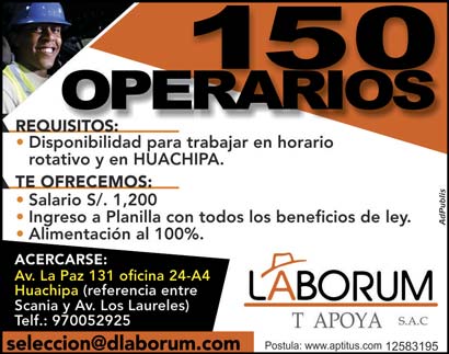 Aviso de trabajo empleos para DLaborum T-Apoya SAC medida 3x2 en Aptitus Talan Trome con el codigo en el aviso impreso la gente entra a la web y busca el puesto de su interes