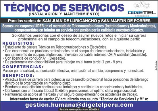 Aviso para DIGETEL 4x3 en Trome Aptitus Empleos