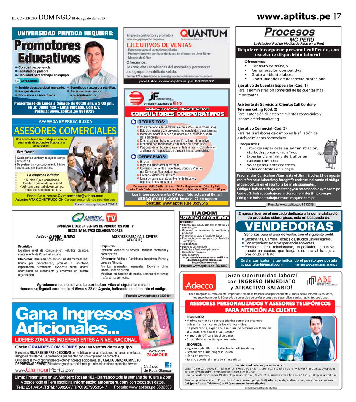 pagina donde salio aviso Glamour 3x3 en Empleos El Comercio