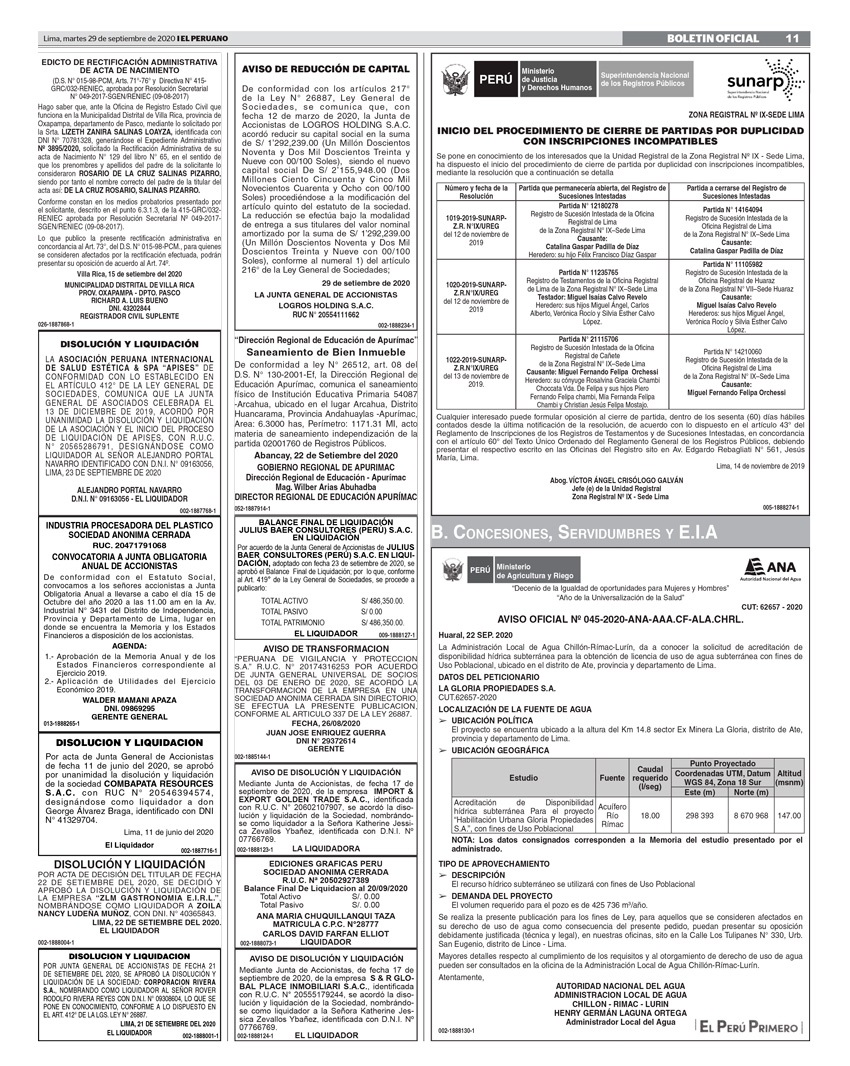 Muestra de Aviso ANA Autoridad Nacional del Agua en diario oficial El Peruano Muestra de Aviso ANA Autoridad Nacional del Agua en diario oficial El Peruano