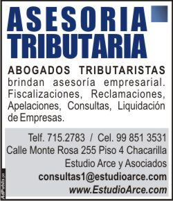 Aviso Estudio Arce Tributaristas en Mi Empresa. Sale todos los domingos. 306,000 Lectores