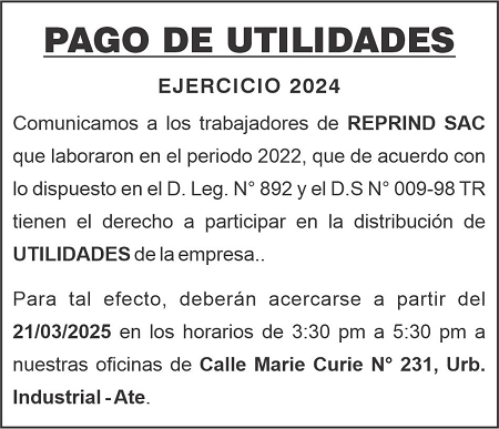 Muestra de Aviso de Utilidades a medida 2x2 publicado para KOKETA - Reprind SAC