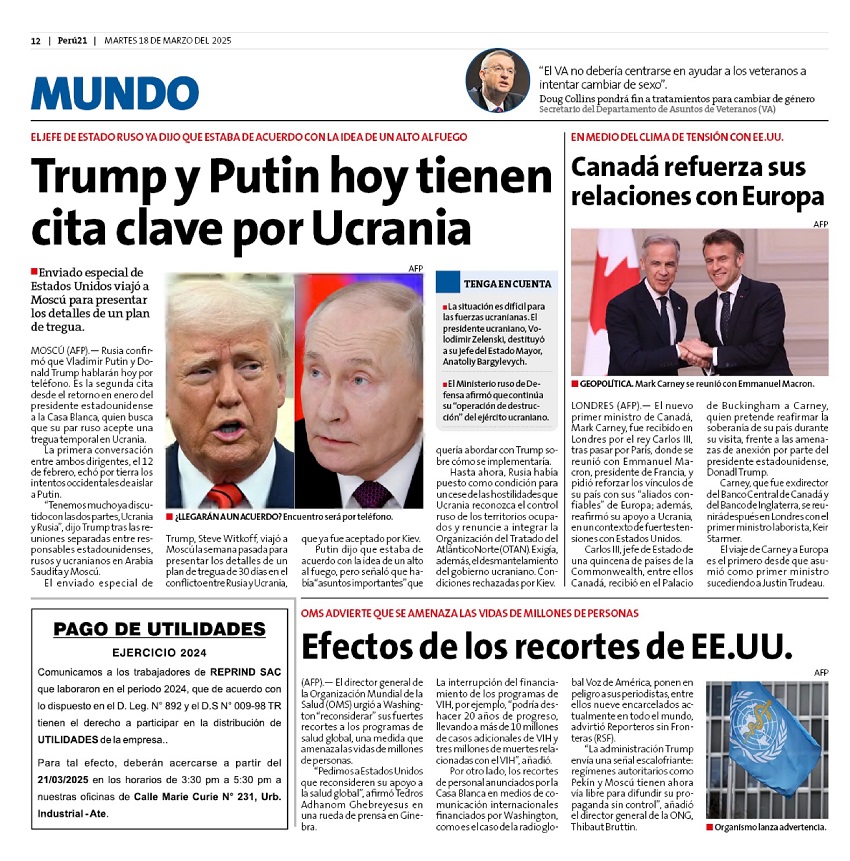 Aviso de Utilidades a medida publicado en el renovado diario Peru21